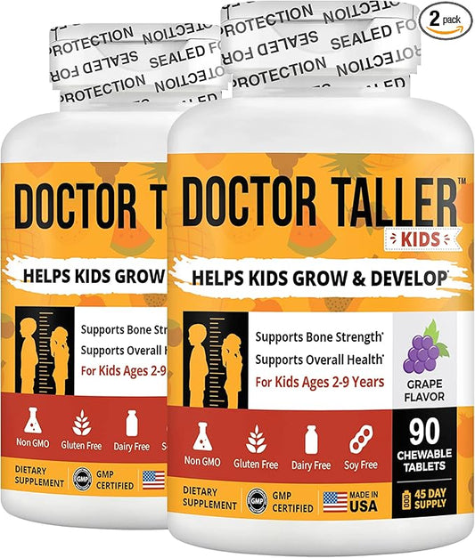 Doctor Taller Kids - Kids Multivitamins, Toddler Vitamins - Support Bone Strength, Enhanced Immunity with Calcium, Multivitamins for Ages 2 to 9 - Grape Flavor - 90 Vegan Chewable Tablets | 2 Pack