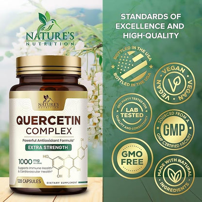 Quercetin 500mg Capsules - Extra Strength Quercetin Supplements 1000mg Serving - Antioxidants & Bioflavonoids Support for Immune, Heart & Cellular Health - Non-GMO & Gluten Free - 120 Veggie Capsules