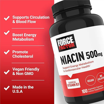 FORCE FACTOR Niacin Vitamin B3 to Support Cellular Energy and Cardiovascular Health, Niacin 500mg Heart-Health Supplement, Vegan, No Gelatin, Non-GMO, 100 Vegetable Capsules