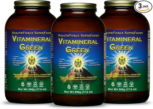 HealthForce SuperFoods Vitamineral Green - Mineral Supplement for Immune & Thyroid Support - Green Powder Supplement with Ingredients from The Land - Gluten-Free & Vegan - 500 Grams (Pack of 3)