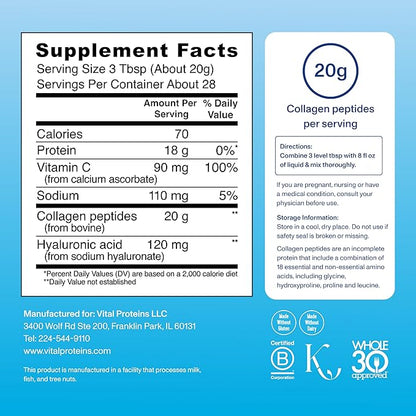 Vital Proteins Collagen Peptides Powder Advanced with Hyaluronic Acid & Vitamin C - 20oz Collagen Protein, Unflavored, 28 Servings