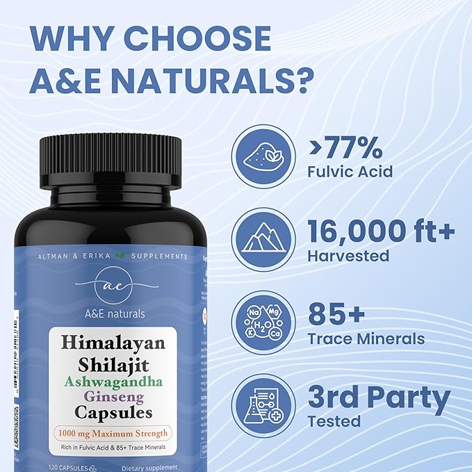 Altman & Erika A&E Naturals Pure Himalayan Shilajit Capsules Combo with Ginseng & Ashwagandha Maximum Potency and Organic Rich in Fulvic Acid & Over 85 Trace Minerals for Enhanced Energy -120 Count