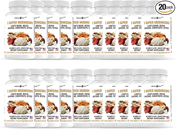 Mushroom Supplement Capsules, Pack of 20 (180 Count Each) – Reishi, Shiitake, Cordyceps, Oyster Mushrooms & Lions Mane Supplement Capsules for Memory, Focus, Energy, Brain & Immune Support
