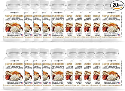 Mushroom Supplement Capsules, Pack of 20 (180 Count Each) – Reishi, Shiitake, Cordyceps, Oyster Mushrooms & Lions Mane Supplement Capsules for Memory, Focus, Energy, Brain & Immune Support