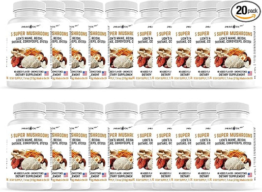 Mushroom Supplement Capsules, Pack of 20 (180 Count Each) – Reishi, Shiitake, Cordyceps, Oyster Mushrooms & Lions Mane Supplement Capsules for Memory, Focus, Energy, Brain & Immune Support