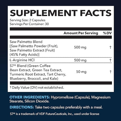 Saw Palmetto 500mg and L-Arginine 500 mg - Prostate Health and Nitric Oxide Supplements for Men - 60 Count - Urinary Function Support and Endurance for Active Males - Vegan, Non-GMO, 1 Month Supply
