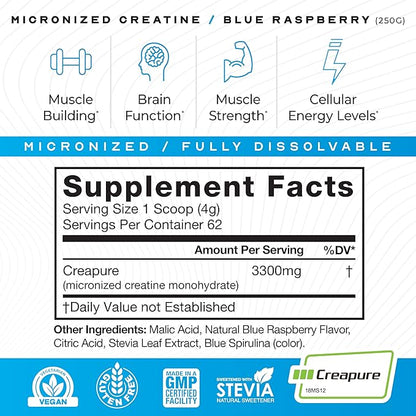 Muscle Feast Creapure Micro - Micronized Creatine Monohydrate Powder | Premium Pre-Workout or Post-Workout | Easy to Mix, Gluten-Free, Safe and Pure, (Blue Raspberry, 250g)