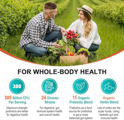 300 Billion CFU & 24 Strains Probiotic with 15 Organic Herbs Prebiotics, for Overall Digestive Health, Immune, Constipation, Gut & Bloating Health - 1 Pack -145