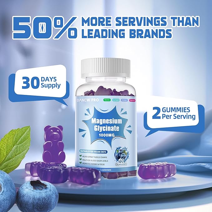 Magnesium Glycinate Gummies 1000mg - Sugar Free Magnesium Potassium Supplement with Vitamin D, B6, CoQ10 for Calm Mood & Sleep Support - 60 Blueberry Gummies