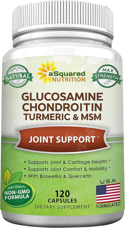 aSquared Nutrition Glucosamine Chondroitin Turmeric MSM Boswellia - 120 Capsules - Joint Support Supplement - Joint Support Relief Pills for Health - Natural Supplement for Back, Knee & Hands