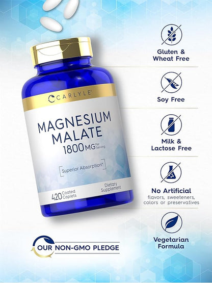 Carlyle Magnesium Malate 1800mg | 420 Coated Caplets | Vegetarian, Non-GMO, Gluten Free Supplement