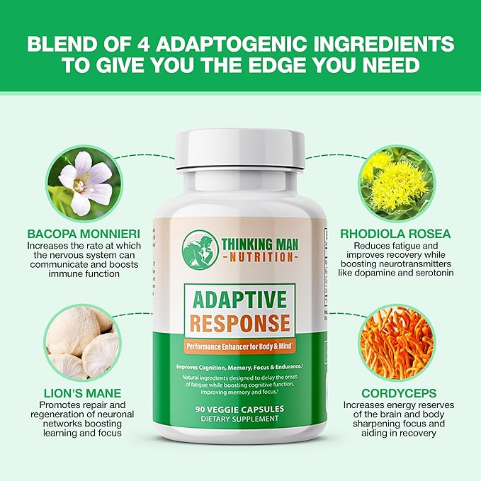 Adaptive Response I Brain Supplements For Memory and Focus I Energy Support Herbal Supplements with Lion's Mane, Cordyceps, Rhodiola Rosea Extract and Bacopa Monnieri I Nootropic I 90 count