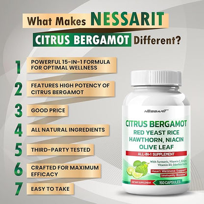 Citrus Bergamot Supplement - 15-in-1 Natural Blend with Red Yeast Rice Hawthorn Olive Leaf Odorless Garlic Turmeric Ginger Fenugreek - 150 Count - Made & Tested in The USA