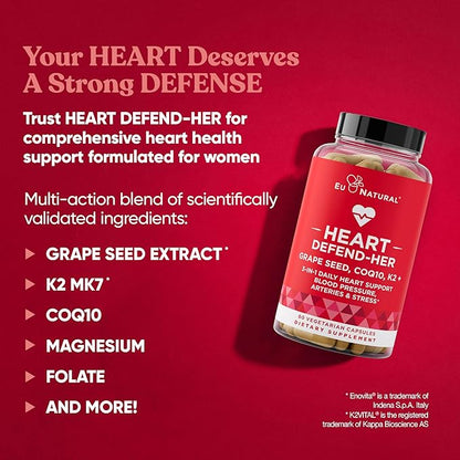 Heart Defend-Her Womens Heart Health Supplements – Advanced 3-in-1 Blend with Grape Seed Extract, Vitamin K2 MK-7, and CoQ10 – Support Blood Pressure, Artery and Bone Strength – 60 Vegetarian Capsules