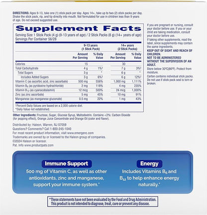 Emergen-C Crystals, On-the-Go Emergen-C Immune Support Supplement with Vitamin C, B Vitamins, Zinc and Manganese, Orange Vitality - 56 Stick Packs