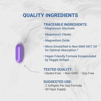 Triple Magnesium Complex | Vegan Magnesium Glycinate, Citrate & Oxide 250mg | Easily Absorbed Magnesium Supplement for Stress, Muscle, Heart, Bone Support | 120 Veggie Softgels