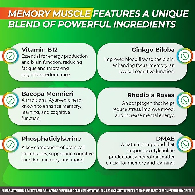 Memory Muscle - Nootropic Brain Support for Memory, Enhanced Focus & Mental Clarity - Featuring B12 for Energy