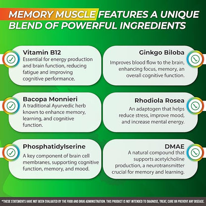 Memory Muscle - Nootropic Brain Support for Memory, Enhanced Focus & Mental Clarity - Featuring B12 for Energy