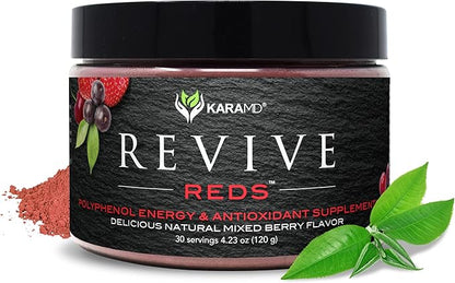 KaraMD Revive Reds | Delicious Polyphenol Energy Booster Supplement | Vegan Friendly, Gluten Free & Non-GMO Superfood Powder | Antioxidants, Shilajit & Enzymes (30 Concentrated Servings)