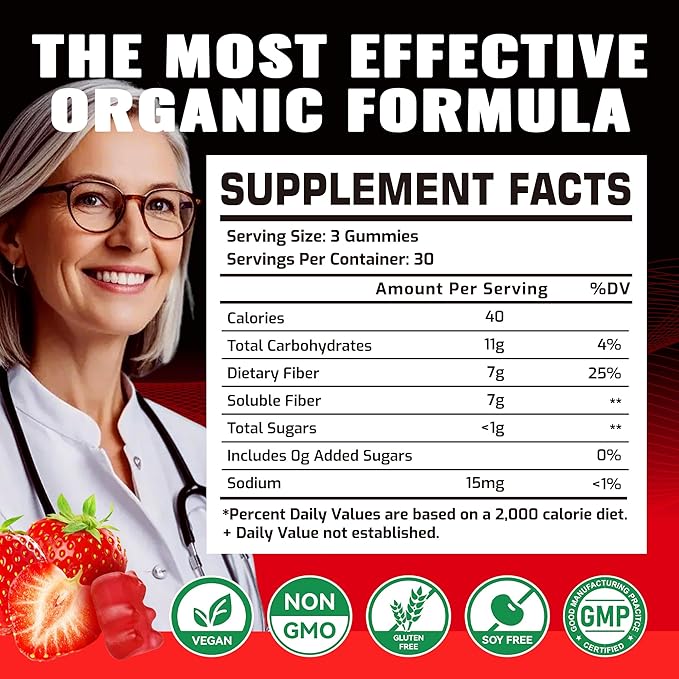 Prebiotic Fiber Gummies for Adults, 7G Extra Strength, Zero Sugar Added, 90 Pectin Based Gummies, Digestive Health & Regularity Support-Strawberry