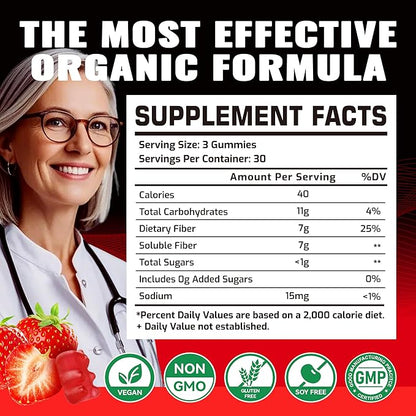 Prebiotic Fiber Gummies for Adults, 7G Extra Strength, Zero Sugar Added, 90 Pectin Based Gummies, Digestive Health & Regularity Support-Strawberry