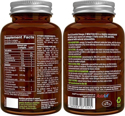 Igennus Ultra Pure Omega 3 Triglyceride rTG Wild Fish Oil 1360mg, IFOS Certified, for Women & Men, Fatty Acids EPA & DHA 1000mg & Astaxanthin, Non-GMO, 180 Softgels