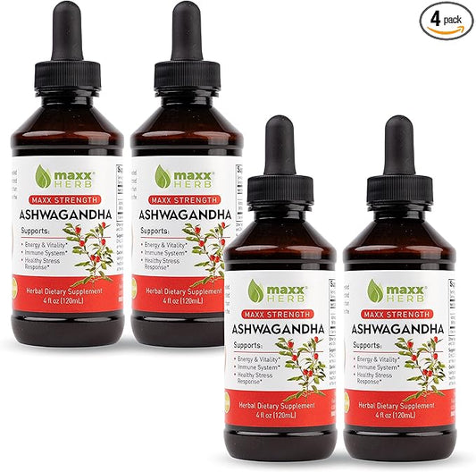 Maxx Herb Ashwagandha Extract – Max Strength Liquid Tincture Absorbs Better Than Capsules or Powder - for Stamina, Memory, and Immune Support – 4 Bottles, 4 Oz Each (240 Servings)