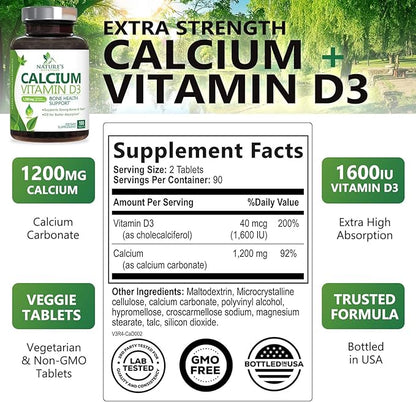 Calcium Supplement with Vitamin D - 1200 mg Calcium Carbonate with 1600 IU of D3 Vitamins - Supports Bone Strength, Teeth & Immune System - Natural & Easily Absorbable for Women & Men - 180 Tablets