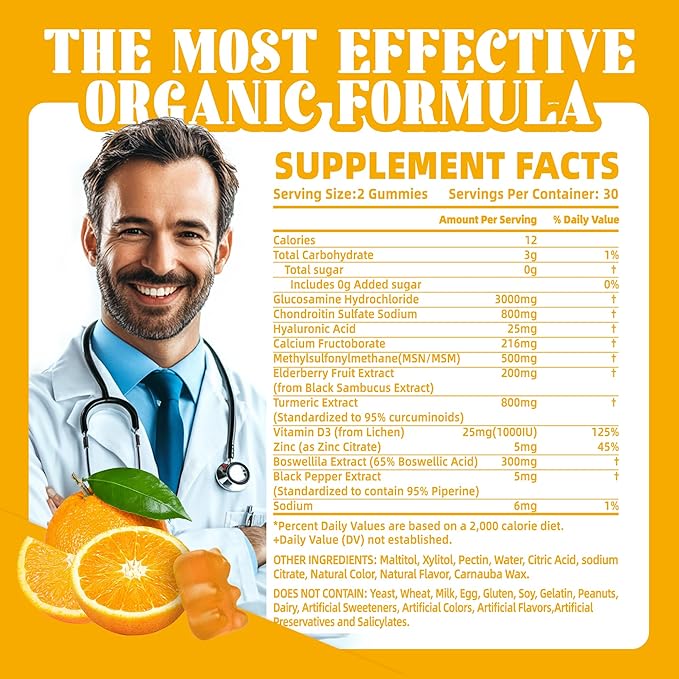 Glucosamine Chondroitin Gummies with MSM & Elderberry Extra Strength - Joint Support, Antioxidant Immune Support Supplement for Adults, Men & Women.60 Orange Gummies