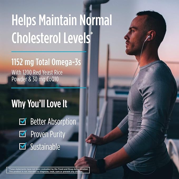 Nordic Naturals Cholesterol Omega LDL, Lemon - 60 Soft Gels - 975 Omega-3 + Red Yeast Rice & CoQ10 - Normal Cholesterol, Antioxidant Support - EPA & DHA - Non-GMO - 20 Servings
