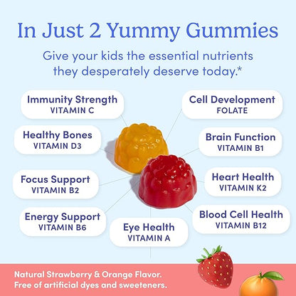 FIRST DAY Kids Essential Multivitamin Gummies, Vitamin A, D3, B6, B12, C, K2 & More + Organic Fruits & Veggies for Growth, Brain, Immunity. Natural Strawberry & Orange Flavor, Low Sugar. 90-Day Supply