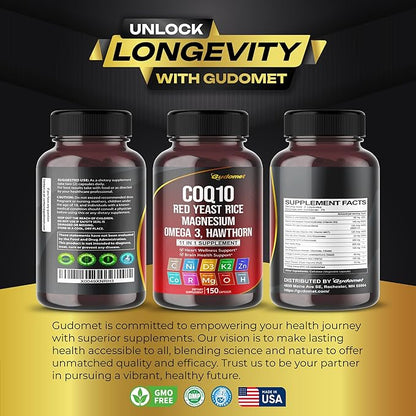 Coenzyme Q10 (Ubiquinone) Red Yeast Rice Hawthorn Omega 3 Vitamin C Niacin Zinc Vitamin K2-150 Capsules- Made in USA