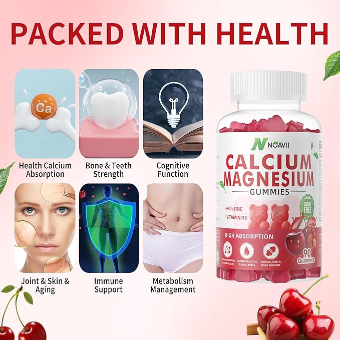 Calcium Magnesium Zinc Gummies with Vitamin D3, ashwagandha Supplement - High Potency Enhanced Absorption - Cherry Flavor-180 Count