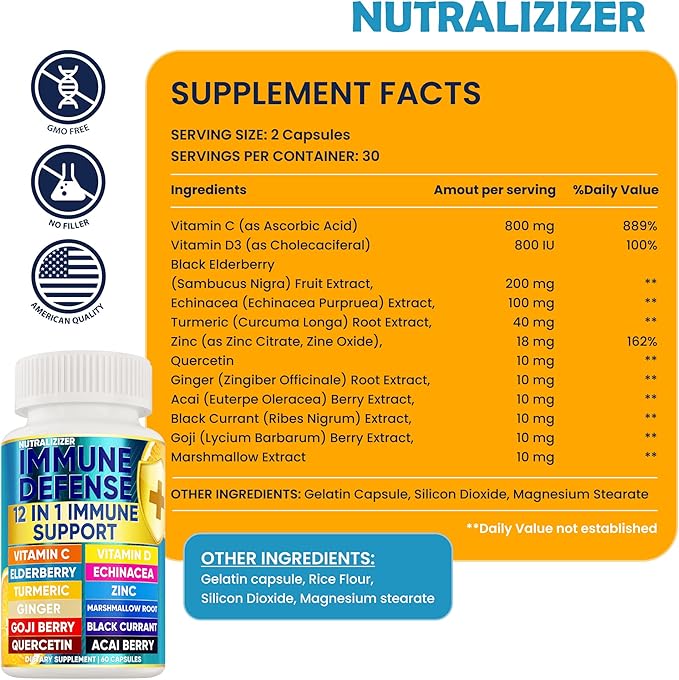 12 in 1 Premium Immune Defense Vitamins - Immune Supplement w/Vitamin D3 5000 IU Vitamin С 1000mg Zinс 50mg - Luxe Choice for Premium Immune Support - with Echinacea Elderberry and Ginger - 120 Caps