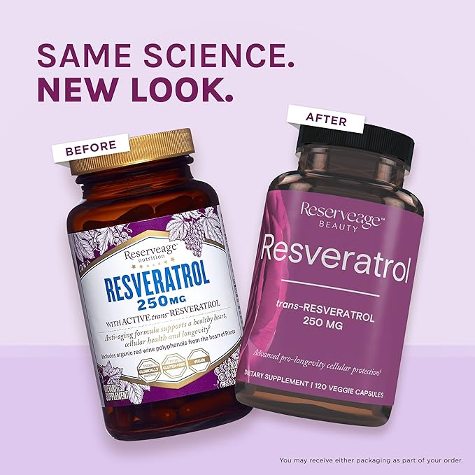 Reserveage Nutrition Beauty Resveratrol 250 mg - Best Trans-Resveratrol - Vegan Antioxidant Supplement for Cellular & Heart Health - Aids Healthy Aging & Immune Health - 120 Vegetable Capsules