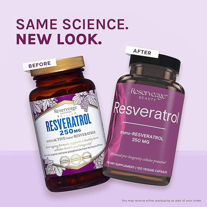 Reserveage Nutrition Beauty Resveratrol 250 mg - Best Trans-Resveratrol - Vegan Antioxidant Supplement for Cellular & Heart Health - Aids Healthy Aging & Immune Health - 120 Vegetable Capsules