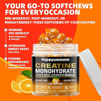 Creatine Monohydrate Soft Chews 5g for Men & Women, Preworkout Gummy with Electrolyte for Muscle Growth, Strength & Energy Support, Orange 60 pcs