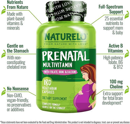 NATURELO Prenatal Multivitamin with Gentle Chelated Iron, Methyl Folate, Plant Calcium & Choline - Vegan, Vegetarian - Non-GMO - Gluten Free - 180 Capsules - 4 Month Supply (Pack of 2)