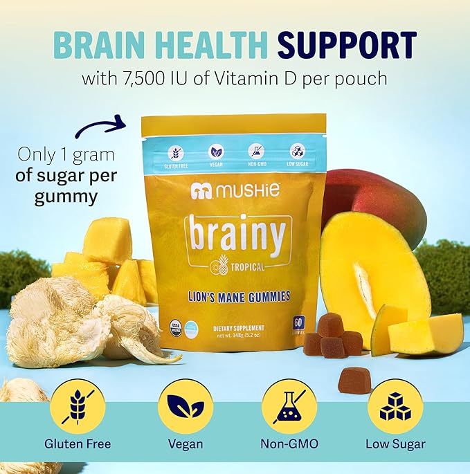 Mushie 100% Organic Lion’s Mane Mushroom Gummies for Adults & Kids Focus - 2000mg Lions Mane Nootropic for Brain, Cognitive, Memory & Immune Support - Vegan, Gluten-Free - 60 Count