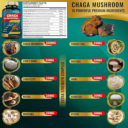 Chaga Mushroom Extract Capsules & Lions Mane, Cordyceps and More | Digestive Health, Anti-Aging, Immune Support | Energy Boost, Rich in Antioxidants & Nutrients, 3 Months Supply
