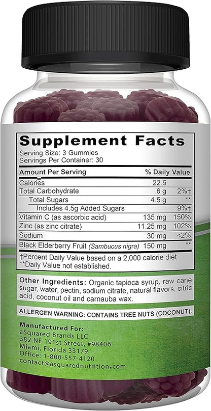 aSquared Nutrition Sambucus Elderberry Gummies with Zinc and Vitamin C - Chewable Gummy Supplement Alternative to Capsules Pills - Black Elderberries w/VIT C for Adults Immune Support - 90 Gummies