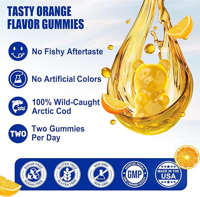 Cod Liver Oil 1000mg Gummies for Adults & Kids, with Vitamin A & D3 - Omega 3 Fish Oil Alternative - DHA 360mg & EPA 240mg for Brain, Bone, Eye & Immune Health, Sugar Free, 120 Cts