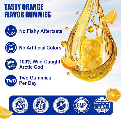 Cod Liver Oil 1000mg Gummies for Adults & Kids, with Vitamin A & D3 - Omega 3 Fish Oil Alternative - DHA 360mg & EPA 240mg for Brain, Bone, Eye & Immune Health, Sugar Free, 120 Cts