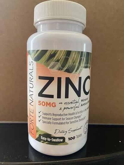 Zinc 50mg, (100 Tablets), Specially Formulated for Sensitive Stomach, Immune Support, Skin & Hair, Vegan Zinc Supplement, Non-GMO Made in USA