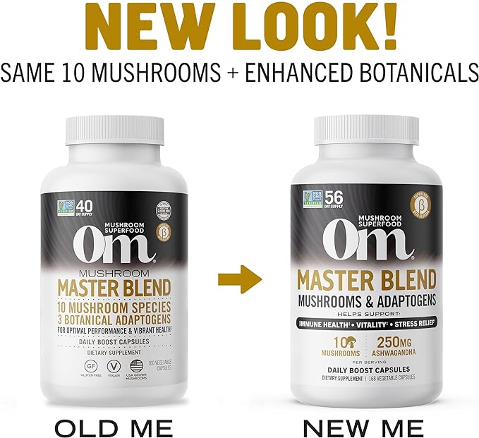 OM MUSHROOM SUPERFOOD Master Blend Mushrooms & Adaptogens Capsules, 168 Count, 56 Servings, 10 Mushroom Complex with Adaptogens for Immune and Stress Relief