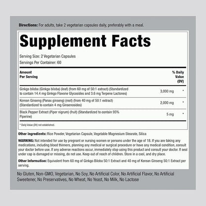 Piping Rock Panax Ginseng Capsules | 5000 mg | 120 Count | with Ginkgo Biloba | Vegetarian, Non-GMO, and Gluten Free Supplement