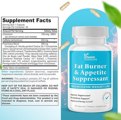 Fat Burner for Women & Men - Appetite Suppressant for Weight Loss - Pills with Chromium, Caffeine & Green Tea Extract - Metabolism Booster Thermogenic Weight Loss - 35 Capsules