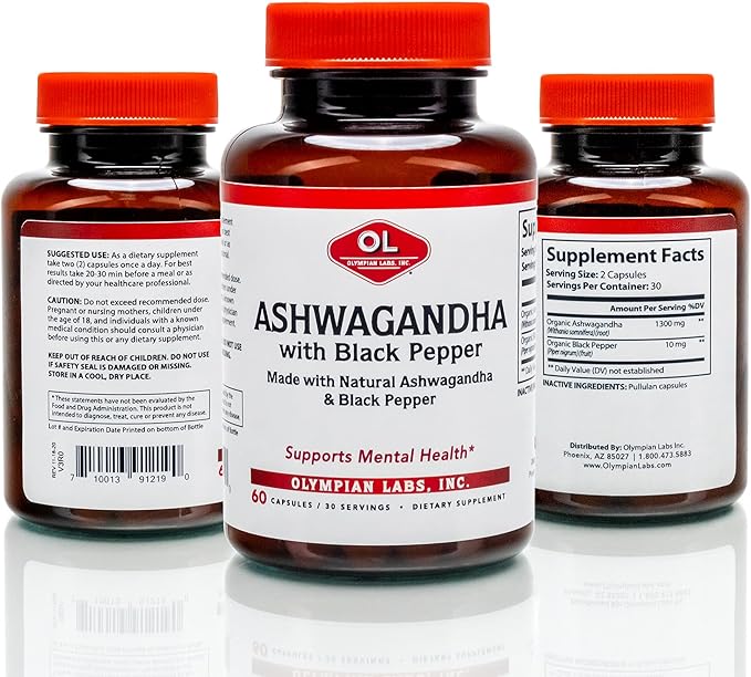 Olympian Labs Organic Ashwagandha with Black Pepper Supports The Brain, Muscle Mass and Strength - 60 Vegan Capsules 1300mg