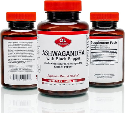 Olympian Labs Organic Ashwagandha with Black Pepper Supports The Brain, Muscle Mass and Strength - 60 Vegan Capsules 1300mg