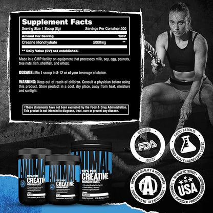 Animal Creatine Monohydrate Powder - Micronized Creatine for Women and Men, Supports Muscle Growth, Strength, Endurance, Recovery and ATP Production, Gym & Workout Supplements - Unflavored, 1kg